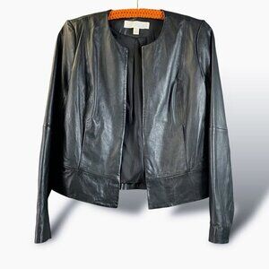 Emerson Rose Leather Jacket Womens Sz XS Black Open Front Pockets Lined Blazer